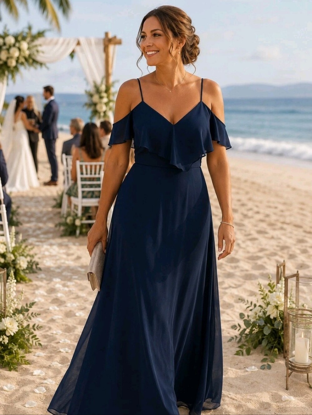 Levkoff Jodi Size 10 Womens Navy Blue Chiffon Draped A-Line Gown Dress